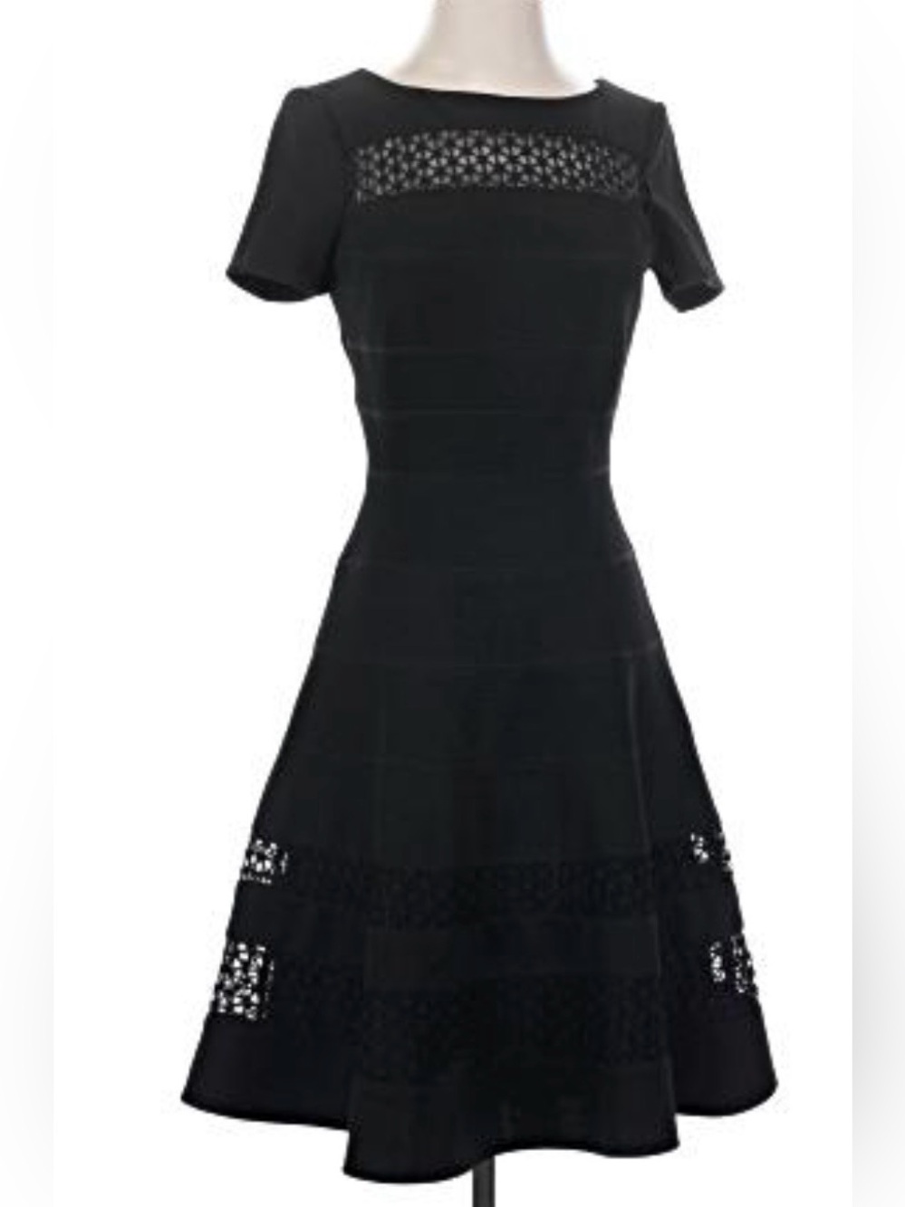 White House Black Market Black Midi Fit-and-Flare Dress with Lace Insets 0-NWOT
